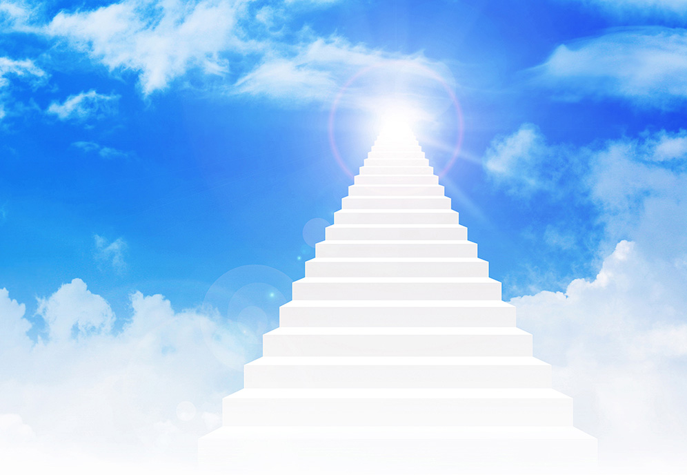 Staircase leading into heavenly clouds and sky